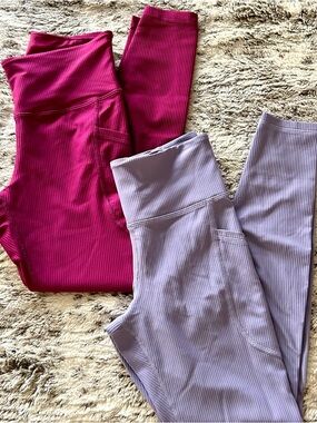 Old Navy Magenta & Lavender Powersoft Ribbed High-Waist Leggings Bundle S
